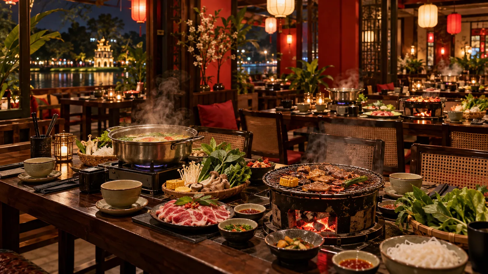 Không gian lẩu nướng đỏ ấm của Nhà hàng Lẩu Nướng 83